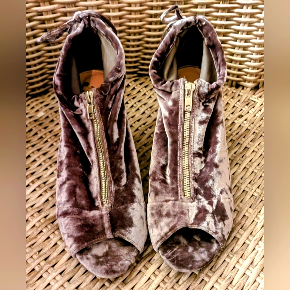 Report Brown Velvet Zip Peep Toe Ankle Booties